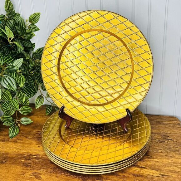 6 RARE Royal Gallery Gold Diamond Quilt Charger Plates 13” Lacquer Federated Dep - Picture 1 of 7